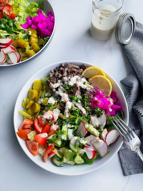 Beef Shawarma Salad Shawarma Bowl, Shawarma Salad, Beef Shawarma, Pickled Radishes, Dinner Bowls, Easy Beef, Healthy Easy, Middle Eastern Recipes, Arabic Food