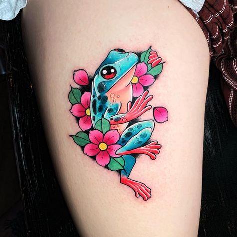 Neon Traditional Tattoo Design, Pretty Frog Tattoo, Girly Frog Tattoo, Color Frog Tattoo, Colorful Frog Tattoo, Frog Tattoos For Women, Neo Traditional Frog, Colourful Tattoo For Women, Tiny Frog Tattoo