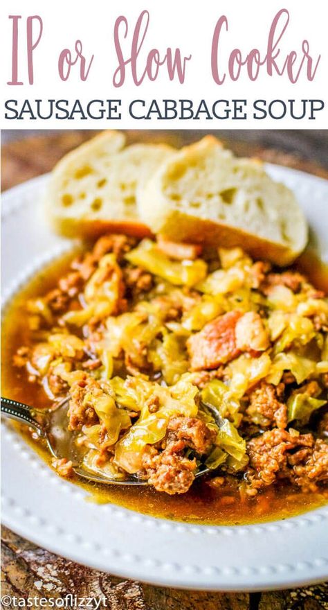 Make this easy sausage cabbage soup in the Instant Pot or the slow cooker. It has sausage and bacon, which makes it a crowd pleaser! #instantpot #slowcooker #cabbagesoup #sausagesoup #soup #souprecipe Sausage Cabbage Soup, Soup Sausage, Sausage Cabbage, Ground Sausage Recipes, Italian Vegetable Soup, Easy Healthy Soup, Soup Recipe Easy, Split Pea Soup Recipe, Cabbage Roll Soup