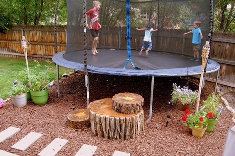 "C" is for Crafty: Tree Stump Trampoline Steps                                                                                                                                                     More Trampoline Steps, In Ground Trampoline, Large Backyard Landscaping, Backyard Trees, Backyard Trampoline, Best Trampoline, Large Backyard, Backyard Playground, Backyard Play