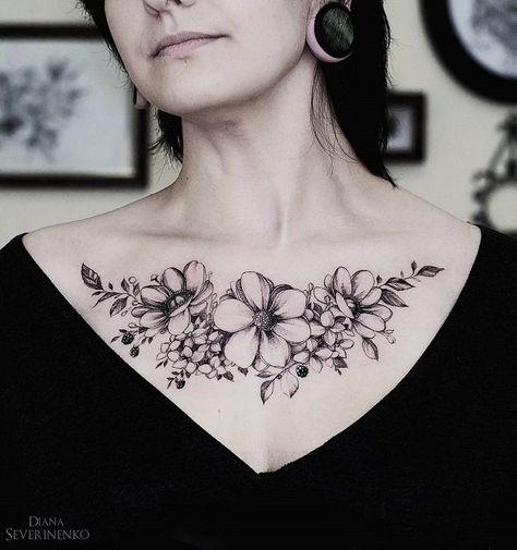 Flower chest tattoo for gir - 65 Nice Chest Tattoo Ideas <3 <3 Upper Breast Tattoo For Women, Floral Chest Tattoo Female, Under Bust Tattoo, Tattoos Sternum, Upper Chest Tattoos For Women, Chest Tattoo Flowers, Mandala Chest Tattoo, Info Tattoo, Tattoos Chest