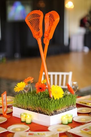 Great Centerpiece for Year End Celebration Lacrosse Party Decorations, Lacrosse Birthday, Lacrosse Decorations, Stick Centerpieces, Sports Party Centerpieces, Lacrosse Party, Banquet Centerpieces, Team Dinner, Basketball Theme Party