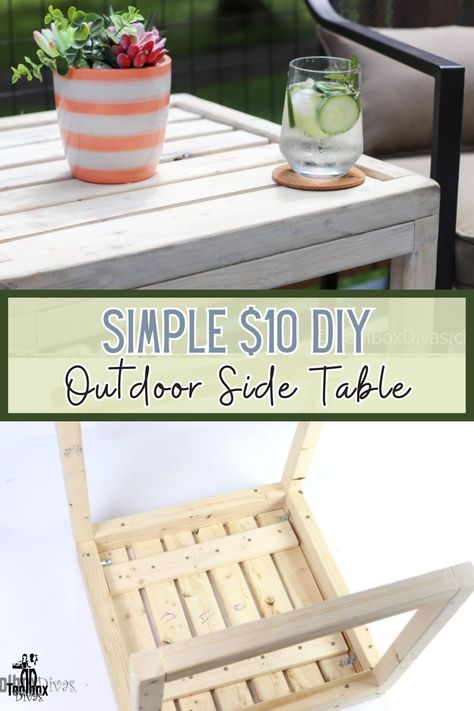 I needed a simple outdoor side table to add to my outdoor living space. Check out this super simple $10 DIY outdoor side table I put together to solve my needs. Outdoor Wood Side Table, Diy Small Outdoor Table, Easy Side Table Diy, Patio Side Table Diy, C Table Diy, Diy Patio Coffee Table, Easy Diy Patio Furniture, Outdoor Side Table Diy, Diy Small Table