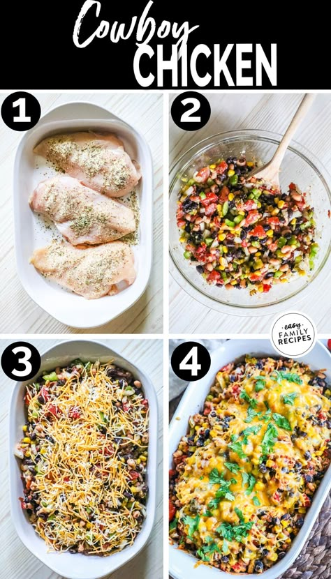 This easy Cowboy Chicken Bake is a one pan dinner that is hearty and filling! Loaded with black beans, corn, red pepper, and seasonings, it is all baked to tender perfection. This is a kid friendly chicken recipe packed with lots of healthy vegetables. If you need a chicken breast recipe for an easy dinner idea, this is absolutely perfect for a busy weeknight. With the flavors of Cowboy Caviar, this easy chicken dinner idea is extra tasty! Kid Friendly Chicken Recipes, Cowboy Chicken, Turkey Meals, Easy Chicken Dinner, Viral Recipes, Apple Fritter, Chicken Recipies, Chicken Breast Recipe, Cowboy Caviar