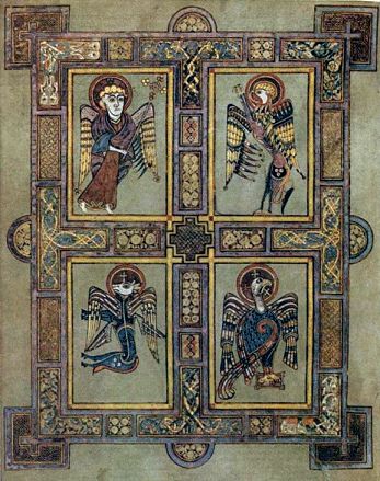 The four Evangelists are often represented in Christian art as  winged creatures: Matthew as a winged man, Mark as a lion, Luke as a bull and John as an eagle.  This is after the vision of the prophet Ezekiel in the Old Testament. Trinity College Library, The Book Of Kells, Art Viking, Four Gospels, Book Of Kells, Viking Art, Medieval Manuscript, Celtic Art, Illuminated Manuscript