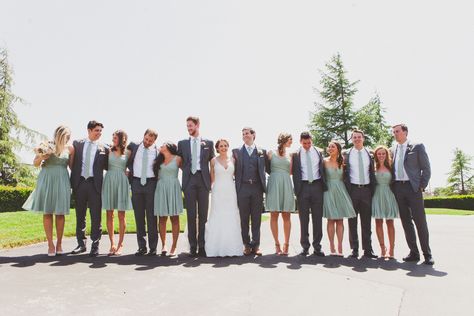 Green And Gray Wedding Party, Sage Green And Gray Wedding, Green And Gray Wedding, Gray Wedding Party, Charcoal Wedding, Sage Green Tie, Groomsmen Grey, Grey Suit Wedding, Sage Green Dress