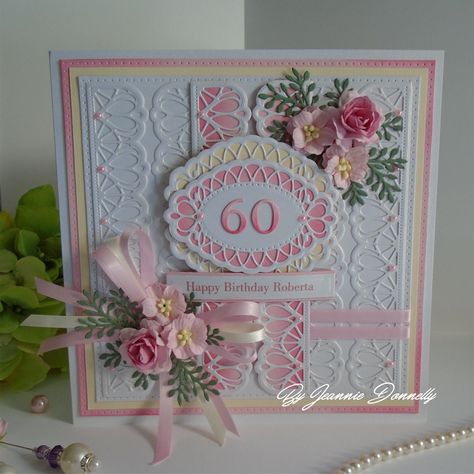 60th Birthday Card - Using dies from, #CreativeExpressions / Sue Wilson, Nobel Double Pierced Squares, Swiss Collection Border and Tag, Delicate Fronds, and Phil's, From The Heart, Numbers. Also using a, Spellbinders Rectangle. 60th Birthday Cards For Ladies, 60th Birthday Card, 90th Birthday Cards, Paper Embellishments, Wedding Themed, 60th Birthday Cards, Sue Wilson, Birthday Cards For Mom, Card Folds