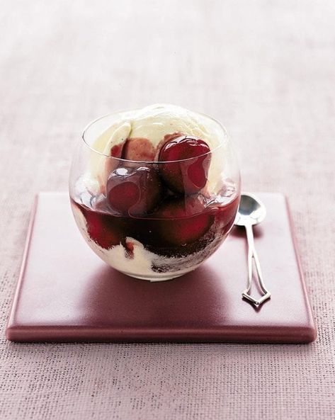 Cherries Jubilee recipe | delicious. magazine Cherry Sauce, Eton Mess, Cherries Jubilee, Cherry Desserts, Golden Jubilee, Delicious Magazine, Cherry Recipes, Chocolate Icing, Cherry Juice