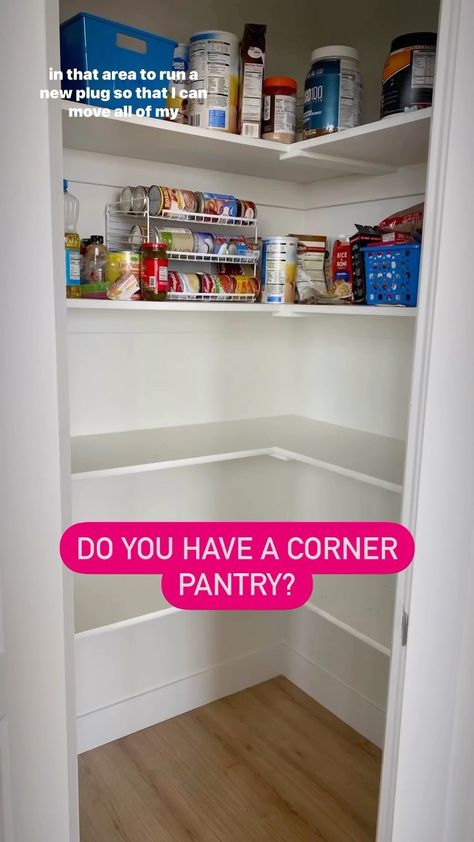 Brandali M Radulovich | This small corner pantry is my least favorite thing in my home! I might be crazy but I feel like it’s so much more useful now! Getting all… | Instagram Bottom Shelf Pantry Storage, Pantry With Black Shelves, Industrial Pantry Ideas, Diy Small Pantry Makeover, Pantry Shelf Spacing Guide, Corner Pantry Shelving Ideas, Small Pantry Shelving, Diy Corner Pantry, Small Pantry Shelving Ideas