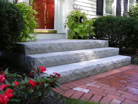 How To Choose And Install The Granite Step Style That’s Right For Your Home Granite Steps, Granite Stairs, Front Porch Steps, Front Door Steps, Types Of Granite, Stair Wall, Front Walkway, Maine Cottage, Porch Steps