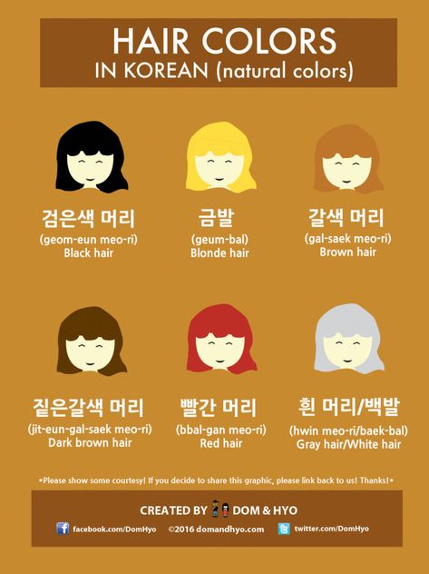 Hair color vocabulary in korean Colors In Korean, Natural Hair Colors, Korean Learn, Basic Korean, Korean Colors, Learn Basic Korean, Learn Korean Alphabet, Bahasa Jepun, Learn Hangul