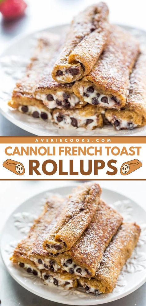 Complete your Easter brunch menu with this easy french toast recipe! With a creamy filling studded with chocolate chips, these Cannoli French Toast Roll Ups are a luscious treat. Your family will also love them at your Mother's Day brunch at home! Stuffed French Toast Roll Ups, Cannoli Stuffed French Toast, French Toast Kabobs, Cannoli French Toast Bake, Italian Breakfast Ideas, Cannoli French Toast, Unique Breakfast Ideas, French Toast Brunch, Easy Yummy Breakfast