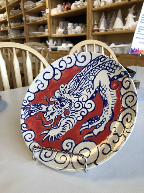 Color Me Mine Ideas Plates, Dragon Sushi, Clay Cafe, Dragon Plate, Diy Pottery Painting, Color Me Mine, Pottery Inspo, Asian Dragon, Sushi Plate