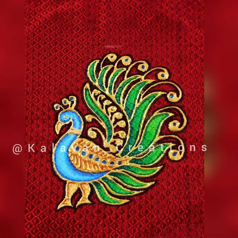 Peacock Tanjore Painting On Fabric, Tanjore Fabric Painting, Blouse Painting, Thanjavur Painting, Peacock Embroidery Designs, Saree Painting Designs, Saree Painting, Fabric Painting Techniques, Kerala Mural Painting