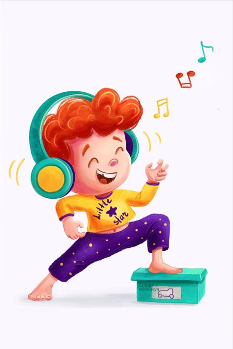 The redhead boy introduces himself as a guitarist. Little star. Happy cartoon boy plays an imaginary guitar in children's room. Character design. Cartoon funny boy character. Children book illustration. music, notes, headphones . childhood fantasies Kids Got Talent, Headphones Illustration, Music Character, Boy Cartoon Characters, Children Book Illustration, Guitar Illustration, Illustration Music, Education Logo Design, Character Design Cartoon