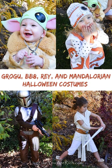 Grogu, BB8, Rey, and Mandalorian Costumes Halloween 2021 - Live Like You Are Rich Grogu Halloween Costume, Mandalorian Family Costume, Grogu Costume, Bb8 Costume, Smiley Baby, Mandalorian Costume, Carnival Ideas, Title Ideas, Costume Bags