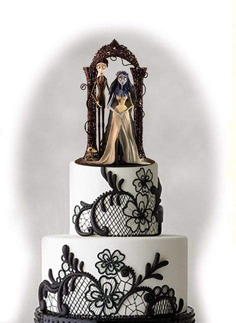 Corpse Bride Wedding Cake Topper Tim Burton by FairytaleAndFantasy Corpse Bride Wedding Cake, Bride Wedding Cake, Corpse Bride Wedding, Gothic Cake, Disney Inspired Wedding, Brides Cake, Goth Wedding, Cool Wedding Cakes, Corpse Bride