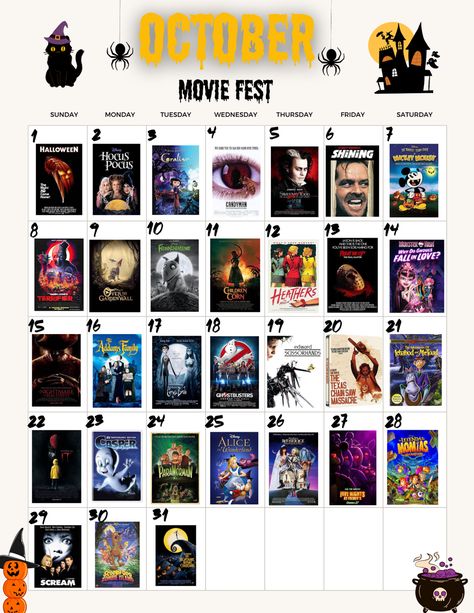 Halloween Movies For Everyday Of October, 30 Halloween Movies, Halloween Movies To Watch Every Day Of October, Scary Movie Calendar, Netflix October Movie List, Horror Movies To Watch In October, Halloween Films To Watch, October Halloween Movie Calendar, October Horror Movie Calendar