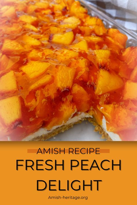 9x13" pan of layered peach delight Peach Delight With Pecan Crust, Dessert With Fresh Peaches, Peach Pudding Desserts, Fresh Peach Delight, Peach Dessert For A Crowd, Peach Delight Dessert, Cold Peach Desserts, Peach Jello Dessert, Peach Desserts With Fresh Peaches