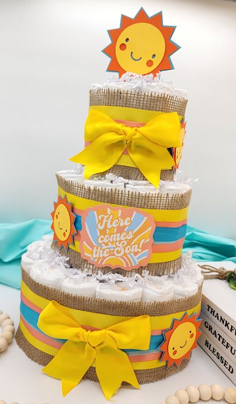 Here Comes The Son Shower Decor, Baby Shower Themes For Boys Summer, Here Comes The Sun Diaper Cake, My Little Sunshine Baby Shower Ideas, Here Comes The Son Theme, Here Comes The Son Diaper Cake, Boy Baby Shower Here Comes The Son, Sunset Baby Shower Theme, Boy Baby Shower Themes Summer