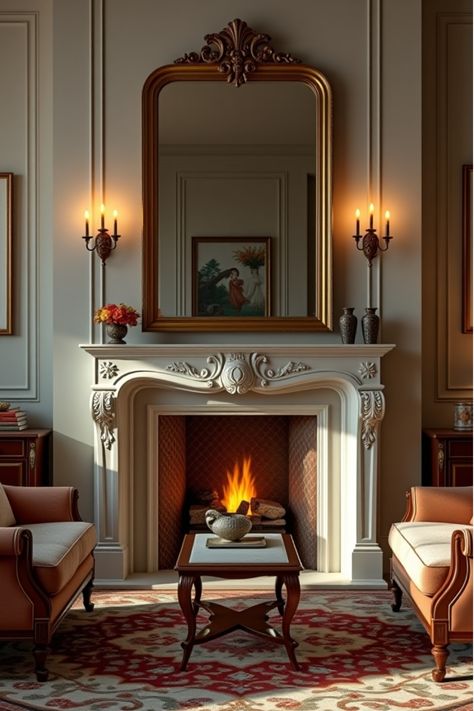 Large mirror above fireplace in classic living room Large Mirror Over Fireplace Living Room, Fireplace With Mirror Above, Picture Over Fireplace, Large Mirror Over Fireplace, Fireplace With Mirror, Above Fireplace Ideas, Mirror Over Fireplace, Mirror Above Fireplace, Classic Living Room Decor