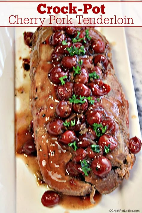 Crock-Pot Cherry Pork Tenderloin - Perfect for your family dinner or fancy enough for company, this simple 5 ingredient recipe for Crock-Pot Cherry Pork Tenderloin is a winner any night! [Gluten Free, Low Fat, Low Sugar, Low Sodium & Weight Watchers friendly!] #CrockPotLadies #CrockPot #SlowCooker #EasyRecipes #PorkRecipes #5IngredientsOrLess #WeightWatchers Cherry Pork Tenderloin, Easy Pork Tenderloin Recipes, Easy Pork Tenderloin, Pork Tenderloin Recipe, Recipe Using Chicken, Cherry Sauce, Tenderloin Recipe, Tenderloin Recipes, Crockpot Pork