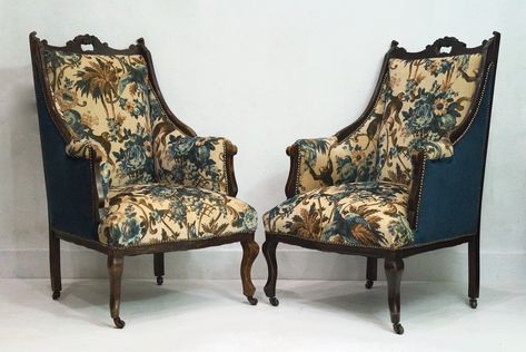 Victorian Salon, Armchair Makeover, Victorian Armchair, Linwood Fabrics, Monkey Puzzle, Pair Of Chairs, Unique Chair, Farmhouse Furniture, Armchair Vintage