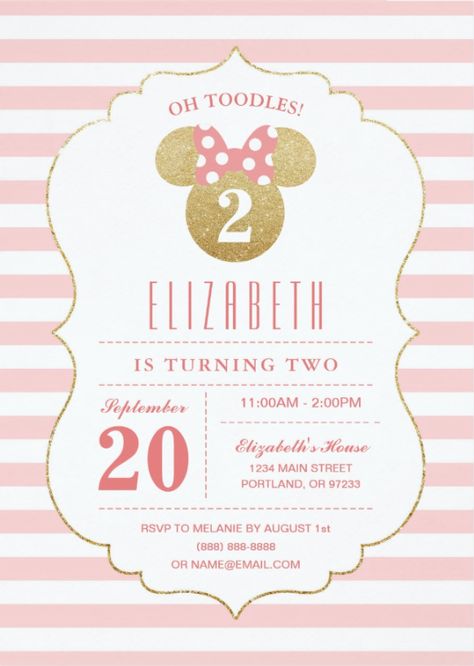 Minnie Mouse | Gold & Pink Striped Birthday InvitationOh Toodles! Invite all your family and friends to your daughter's Minnie Mouse themed Birthday Party with these faux gold and pink striped birthday invitations. #birthday #party #invitations #invites #disney #minniemouse #girls #templates #products #wordings #ideas #design #cards Birthday Invitations Design, Minnie Invitations, Oh Toodles, Minnie Mouse Invitations, Girls Birthday Party Themes, Minnie Mouse Theme, Invitations Design, Mickey Mouse Birthday Party, Invitations Birthday