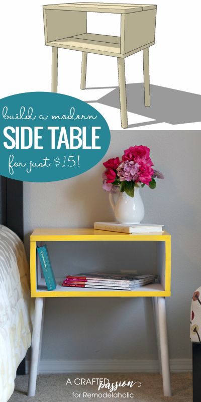 Build a DIY modern side table for just $15 with this easy tutorial and building plan @Remodelaholic Diy Furniture Nightstand, Shabby Chic Nightstand, Diy Home Decor For Apartments, Shabby Chic Bedroom Furniture, Diy Side Table, Diy Nightstand, Diy Simple, Building Plan, Night Stands