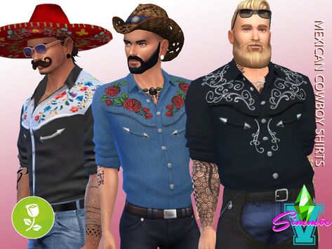 Sims 4 Cc Cowboy Hat, Cowboy Hat Decor, Mexican Cowboy, Male Sims, Hat Decor, Sims Stories, Sims Packs, Mexican Shirts, Sims 4 Teen