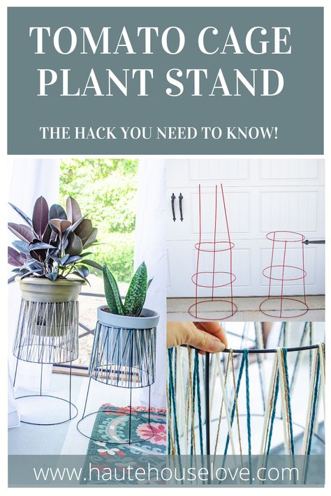 Diy House Plant Stands, Tomato Cage Plant Stand Diy, Diy Plant Cage, Diy Flower Pot Stand, Diy Tension Pole Plant Stand, How To Make A Plant Stand, Tomatoe Cages Ideas Diy Crafts, Plant Stand Ideas Diy, Home Made Flower Pots