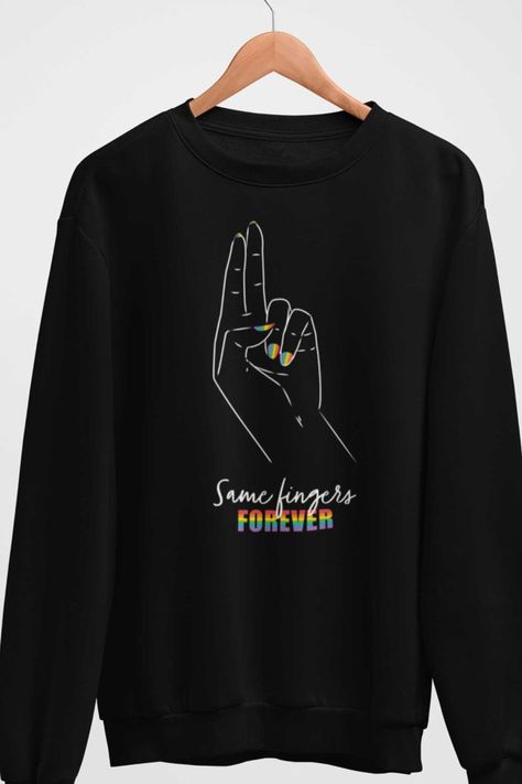 The most Epic lesbian pride sweaters! Same Fingers Forever! Same Fingers Forever LGBT Lesbian pride sweatshirt is the perfect gift for your girlfriend or fiance, or can be the craziest and funniest… More Pride Sweater, Bride Sweater, Engagement Gift Ideas, Lesbian Engagement, Engagement Humor, Wedding Announcement, Lesbian Wedding, Group Boards, Sweater Gift