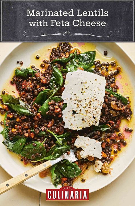 Love lentils? Us, too. Even if you don't, give this recipe a whirl. The combination of lentils with a spiced nut vinaigrette, fresh basil, and slabs of feta cheese may change your mind. #lentils #fetacheese #vegetarianmeals @mollybaz Marinated Lentils, Green Lentil Salad, Salad With Feta Cheese, Spiced Walnuts, Veggie Side Dish Recipes, French Green Lentils, Feta Cheese Salad, Salad With Feta, Green Lentils