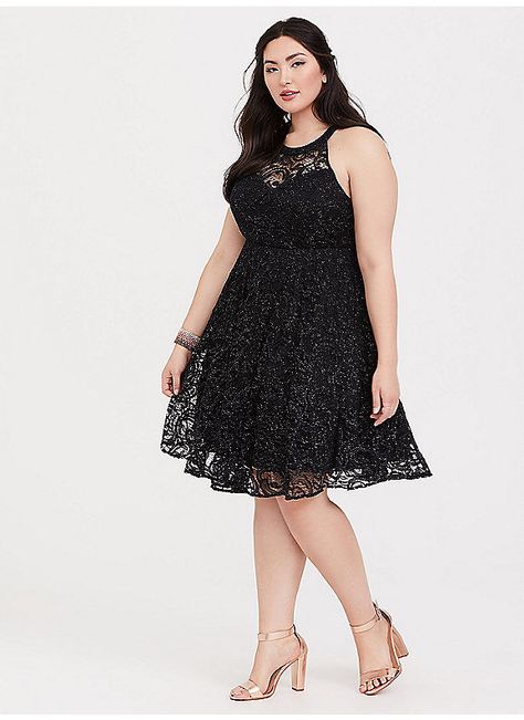 TORRID : Special Occasion Black Lace Halter Skater Dress Plus Size Skater Dress, Chiffon Wrap Dress, Plus Zise, Night High, Knit Skater Dress, Lace Halter Dress, Beaded Chiffon, Lace Skater Dress, Into The Night