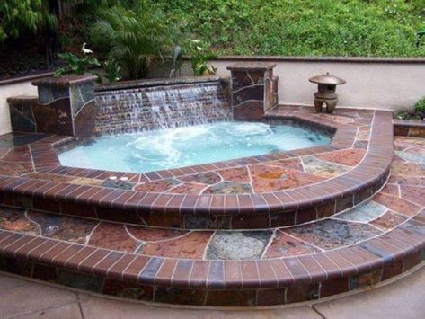 39 Pool Waterfalls Ideas for Your Outdoor Space ~ Matchness.com Inground Jacuzzi, Inground Hot Tub, Inground Spa, Small Hot Tub, Hot Tub Landscaping, Hot Tub Designs, Hot Tub Patio, Outdoor Hot Tub, Jacuzzi Hot Tub