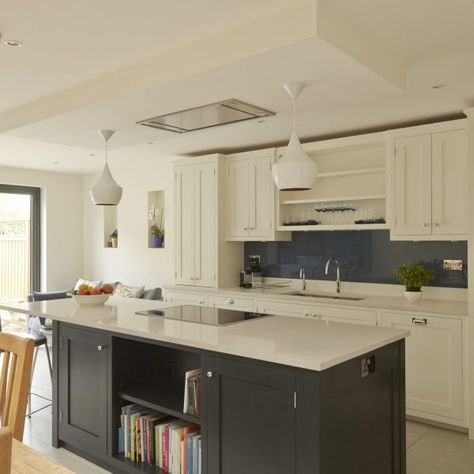 Painted Shaker Kitchen Island in Off Black Kitchen Island Hob, Shaker Kitchen Island, Wandsworth London, Painted Shaker Kitchen, Narrow Kitchen Island, Kitchen Diner Extension, Kitchen Cooker, Bungalow Kitchen, Open Plan Kitchen Dining Living