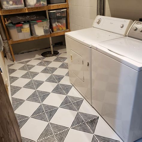 Painted Concrete Laundry Room Floor, Stenciled Concrete, Modern Diner, Stenciled Concrete Floor, Stencil Concrete, Ohio House, Mommy Hacks, Painted Concrete Floors, Laundry Room Flooring