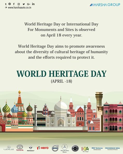 World Heritage Day or International Day For Monuments and Sites is observed on April 18 every year. World Heritage Day aims to to promote awareness about the diversity of cultural heritage of humanity and the efforts required to protect it. #WORLDHERITAGEDAY Heritage Day Activities, World Heritage Day Poster, Heritage Day Poster, World Heritage Day, Slogan Writing, Famous Slogans, College Events, College Event, Heritage Day