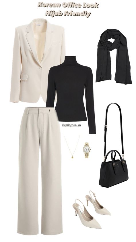 Outfit kantor ala korea bisa hijab juga Cream Heels Outfit, Korean Office Look, Cream Outfit Hijab, Banker Outfits, Cream Blazer Outfit, Outfit Hijab Ideas, Blazer Outfits Women, Clean Outfit, Outfit Ideas Hijab