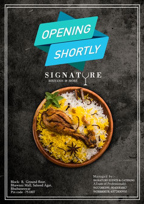 Signature Biriyanis and more Opening in Saheed Nagar, Bhubaneswar😍😋 Food Lovers get ready😉  Contact us- 9438880078  #Biriyanilover #Foodie #Food #Hydrabadi #Dum #Tikka #Lunch #Dinner #Saheednagar #Bhubaneswar #Openingsoon Biryani Shop Name Ideas, Shop Name Ideas, Restaurant Marketing, Poster Idea, Opening Soon, Foodie Food, Facebook Ad, Biryani, Event Catering