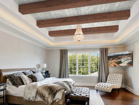 5 Shiplap Ceilings With Beams - Inspiration, Ideas & More Ceiling Ideas With Beams, Tray Ceiling Beams, Beams In Bedroom, Shiplap Ceiling With Beams, Shiplap Ceilings, Ceiling With Beams, Faux Stone Wall Panels, Faux Wood Wall, Tray Ceilings