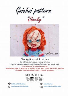 Chucky Horror doll pattern Crochet Chucky Doll, Chucky Amigurumi, Crochet Chucky, Horror Doll, Mexican Doll, Chucky Doll, Striped Cat, Heart Shape Box, Crochet Doll Pattern