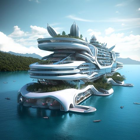 A multi tiered futuristic cruise ship docked in the Bahamas designed by Midjourney AI Cruise Ship Design Concept, Futuristic Cruise Ship, Futuristic Technology Design, Futuristic Yacht, Futuristic Ship, Roblox Kid, Luxurious Yachts, Holiday Destinations In India, Yacht Aesthetic