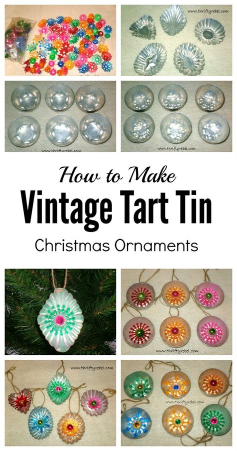 How to make vintage tart tin Christmas ornaments Small Tin Can Crafts Diy, Tart Tin Ornaments Diy, Tin Tart Ornaments, Tin Christmas Ornaments, Tart Tin Ornaments, Make Christmas Tree, Vintage Jello, Tin Crafts, Vintage Jello Molds