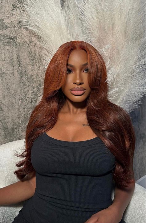 Ginger Wigs For Black Women Dark Skin, Ginger Sew In Weave With Leave Out, Ginger Curtain Bangs, Copper Hair On Dark Skin, Copper Hair Dark Skin, Brown Wig Install, Ginger And Brown Hair, Ginger Weave, Medium Length Hair Curtain Bangs