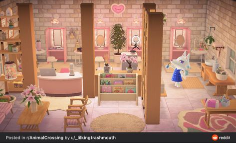 Acnh Hair Salon, Acnh Beauty Salon, Acnh Beauty Salon Design, Animal Crossing Beauty Salon, Happy Home Paradise Beauty Salon, Animal Crossing Makeup Salon, Acnh Hhp Spa, Acnh Happy Home Paradise Bedroom, Acnh Hhp Ione