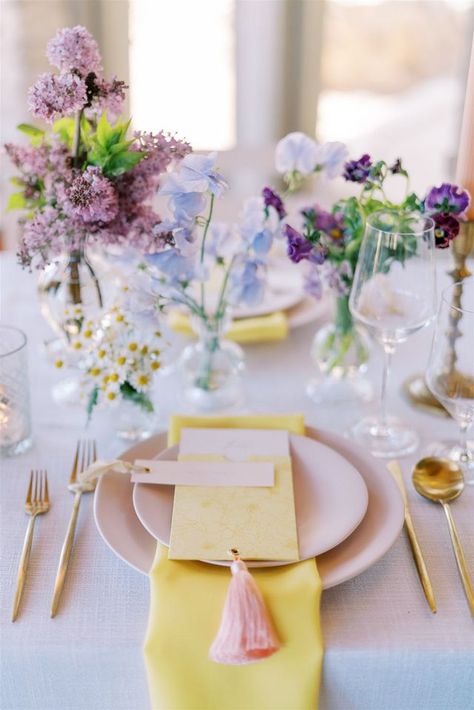 Romantic Hill Country Villa Antonia Styled Shoot | 100 Layer Cake | Bloglovin’ Spring Editorial, Villa Antonia, Country Villa, Yellow Lilac, Event Centerpiece, Spring Color Palette, Lilac Wedding, Wedding Place Settings, Northern California Wedding