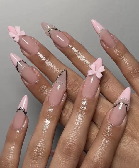 Stilleto Nails Coquette, Coquette Stiletto Nails, Coffin Coquette Nails, Gems Nails, Nails W Bow Charm, Pink Nails With Bow Charm, Bow Nails, Nails Pretty, Romantic Nails