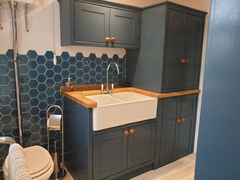 Small Utility Room Solution-Handmade,Handpainted Beautiful Kitchens Units.  | eBay Utility Shower Room, Small Utility Room, Utility Room Designs, Oak Worktops, The Olive Branch, Small Utility, Shaker Style Kitchens, Downstairs Toilet, Laundry Room Remodel