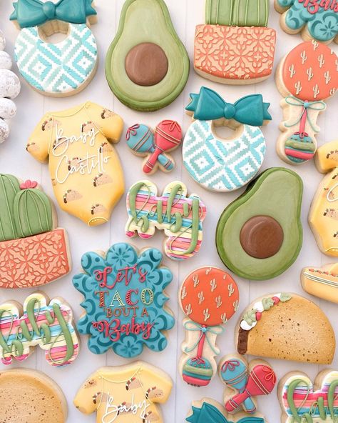 Holy Guacamole Baby Shower Decor, Fiesta Baby Shower Cookies, Cactus Cookies, Royal Frosting, Mexican Baby Shower, Baby Gender Reveal Party Decorations, Fiesta Cake, Avocado Baby, Frosting Colors